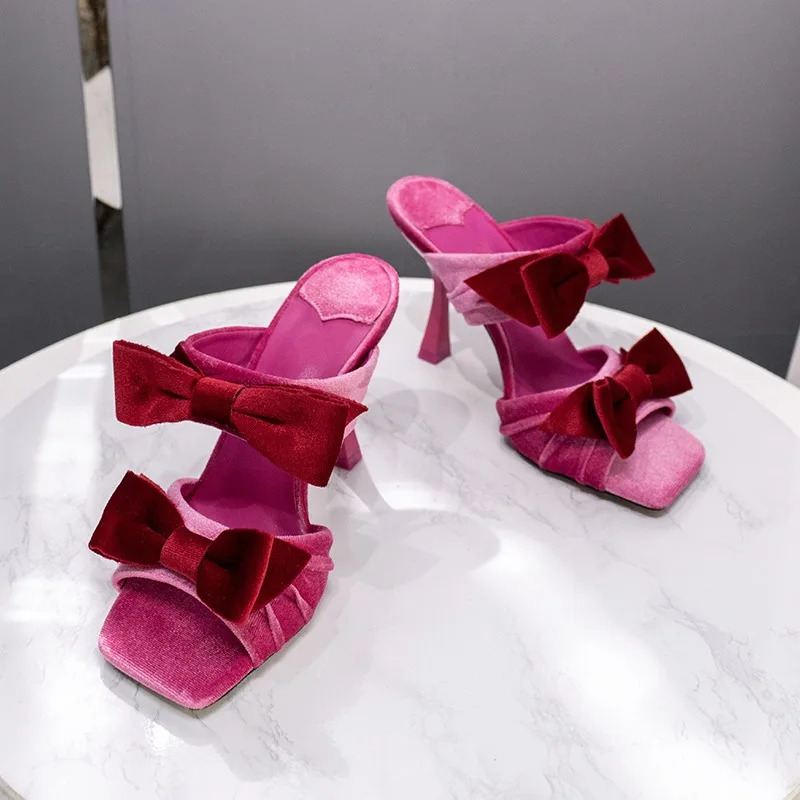 Square Toe Sandals Sexy Pink Velvet Bow Stiletto Heels Temperament Open-Toed Slippers Women 250322