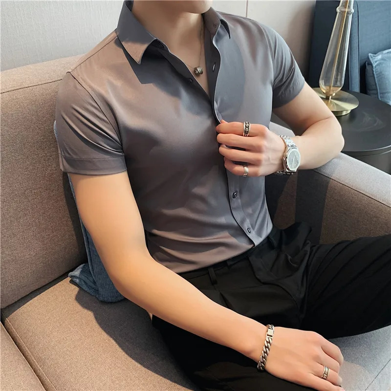 Summer Men Fashion Casual Short Sleeve Solid Shirt Super Slim Fit Male Social Business Dress Shirt Men Casual Dress Blouse 250321