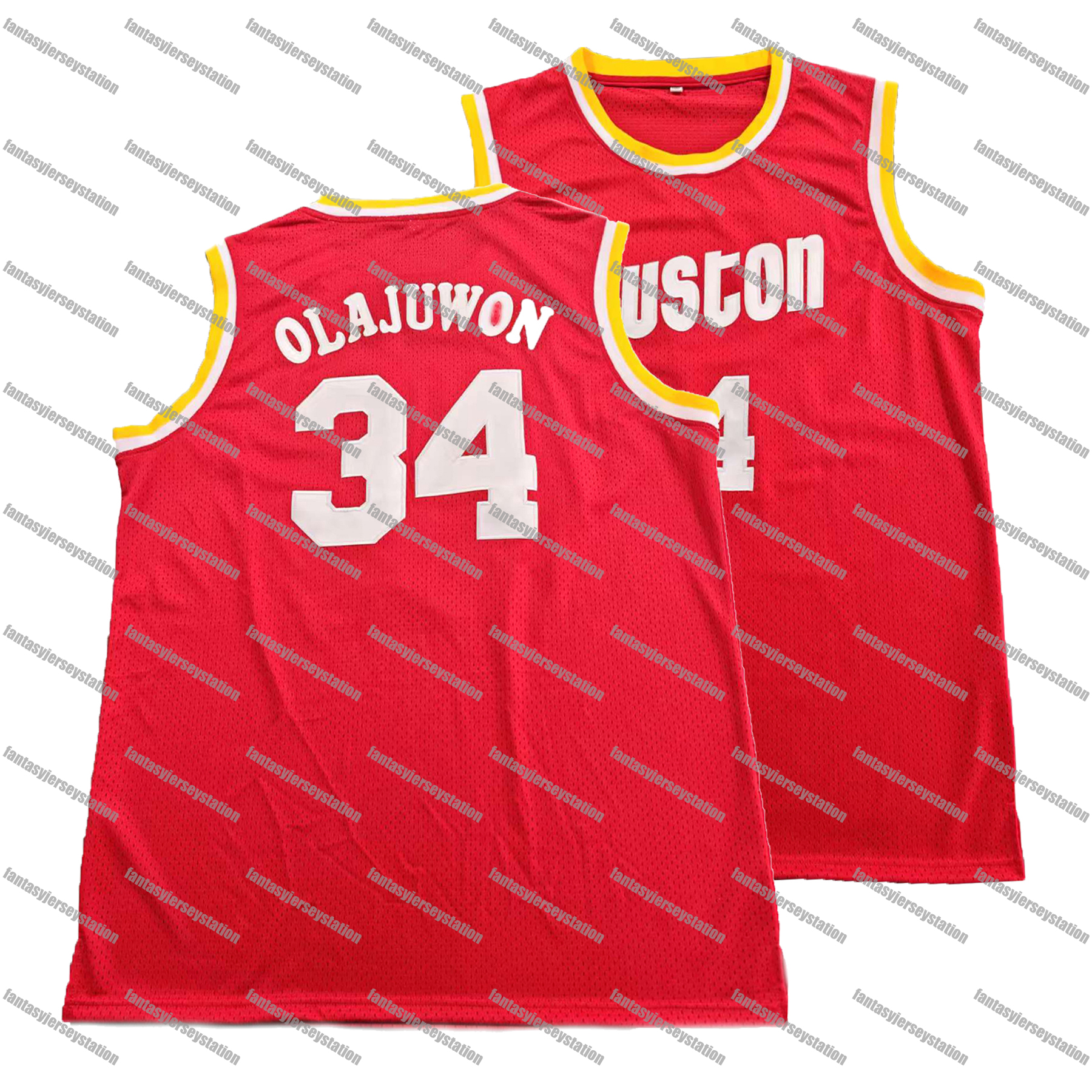 IN STOCK Mens Red 34 Olajuwon Basketball Jersey, Polyester Knit Fabric, Crew Neck, Loose Fit, Breathable Stretch, Casual Sports Shirt for Training S-3