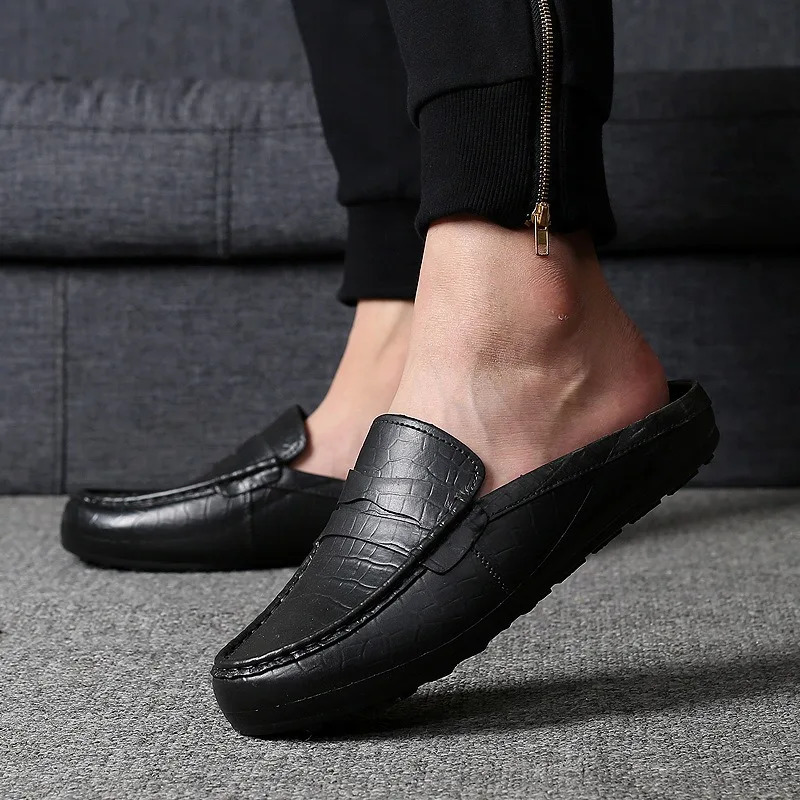 Mens Summer Casual Sandal Slide Stylish Mens Leather Slippers Outdoor Half Loafers Light Half Shoes Breathable 250321