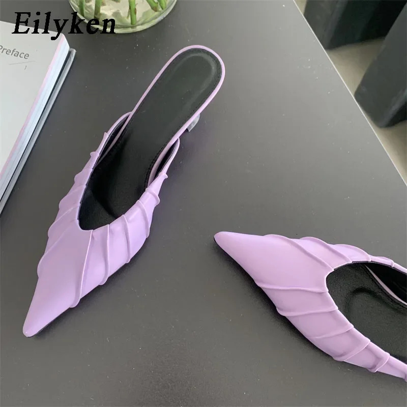 Eilyken Fashion Purple Pink Pointed Toe Women Slippers Concise Casual Thin Low Heels Ladies Mules Slides Shoes 250322
