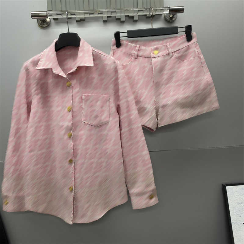 luxury Rhinestones jacquard logo sets for women outfits back logos Leather tag set Lapel Neck Buttons Long Sleeve denim shirt zip slim shorts