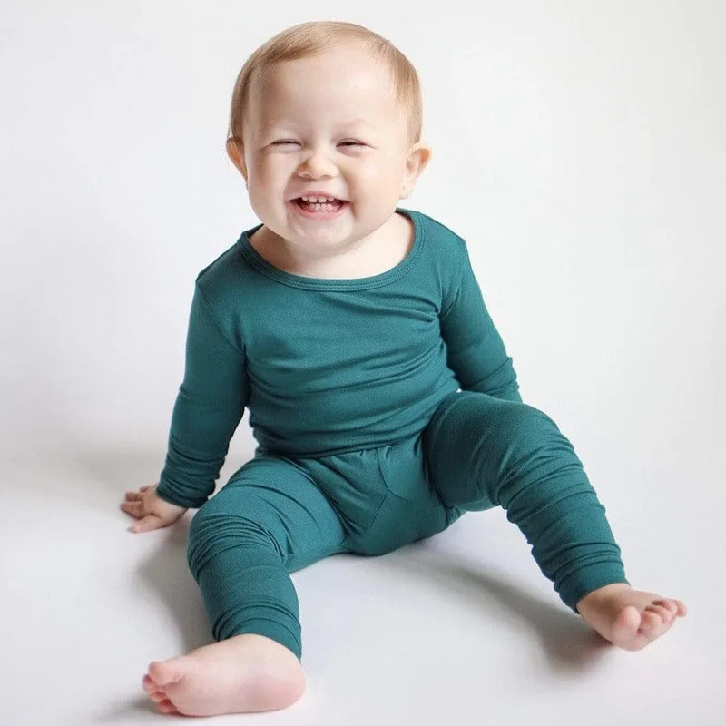 2025 Bamboo Fiber Toddler Kids Pajamas Clothes Solid Hight Elasticity Breathable Sleepwear Set For 9M-7T Boy Girl Loungewear 250321