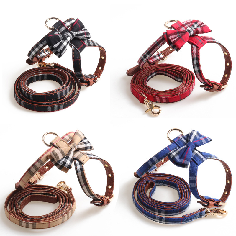 New Product K-shaped Bowknot Dog Harness Set with Two Adjustable Metal Buckles Portable Small Dog Harness, PU Leather Classic Plaid Puppy Harness and 
