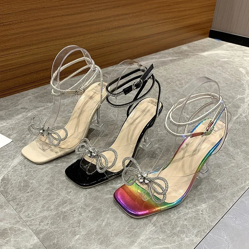 Rhinestone Bow-knot Women Sandals PVC Jelly Pumps Heels Ladies Shoes Sexy Square Toe Ankle Buckle Strap Sandals Plus Size 250322
