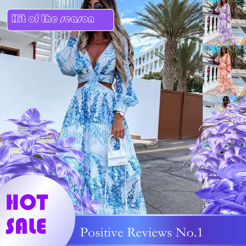 Dongdumaoyi Mode Dames Lente Nieuwe Lange Print V Hals Elegante Jurk Met Mouwen C