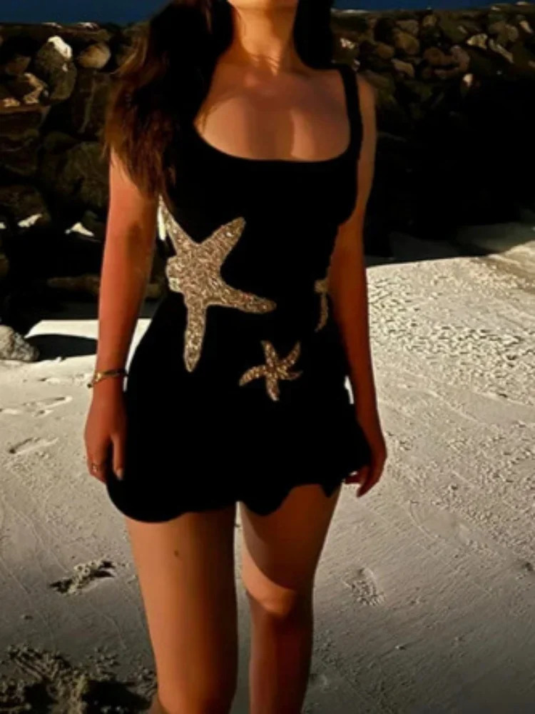 Summer Shiny Stars sequin decal mini dress for women sexy sleeveless beaded Selvedge ultrathin robe holiday party Vestidos 250320