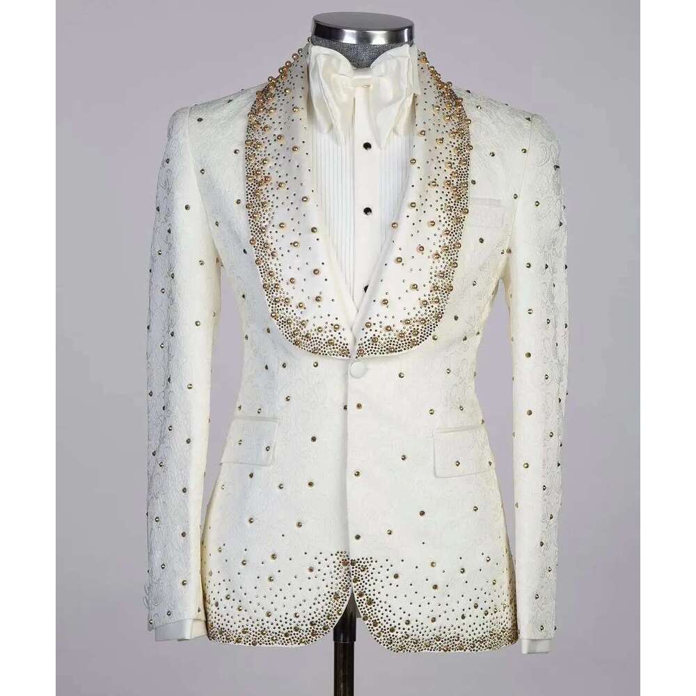 2 Pieces Blazer Vest Men Suits Tuxedo Appliques One Button Wide Lapel Formal Dias Beads Party Wedding Plus Size Tailored