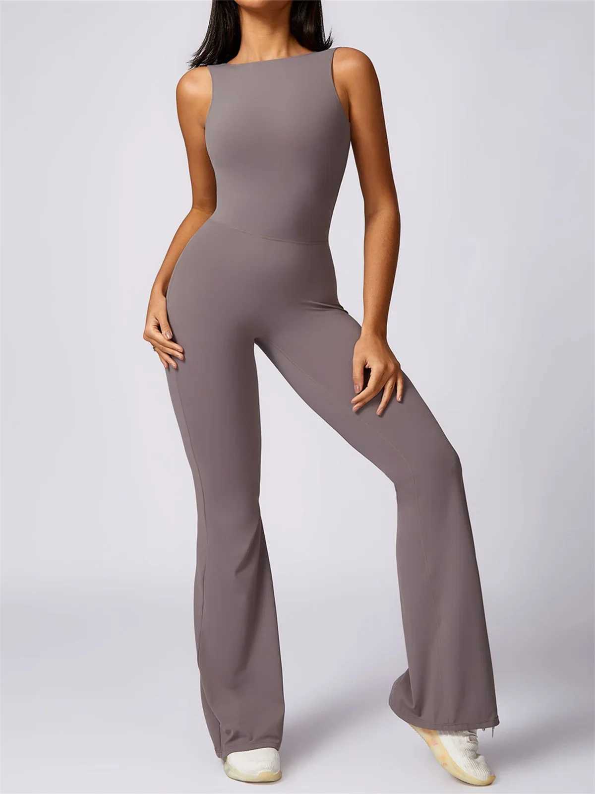 Hollow Out Backless One Piece Yoga Jumpsuit Women Sport Sleeveless Fitness Gym Suit Workout Exercise Skinny Flare BodysuitsXJ250322