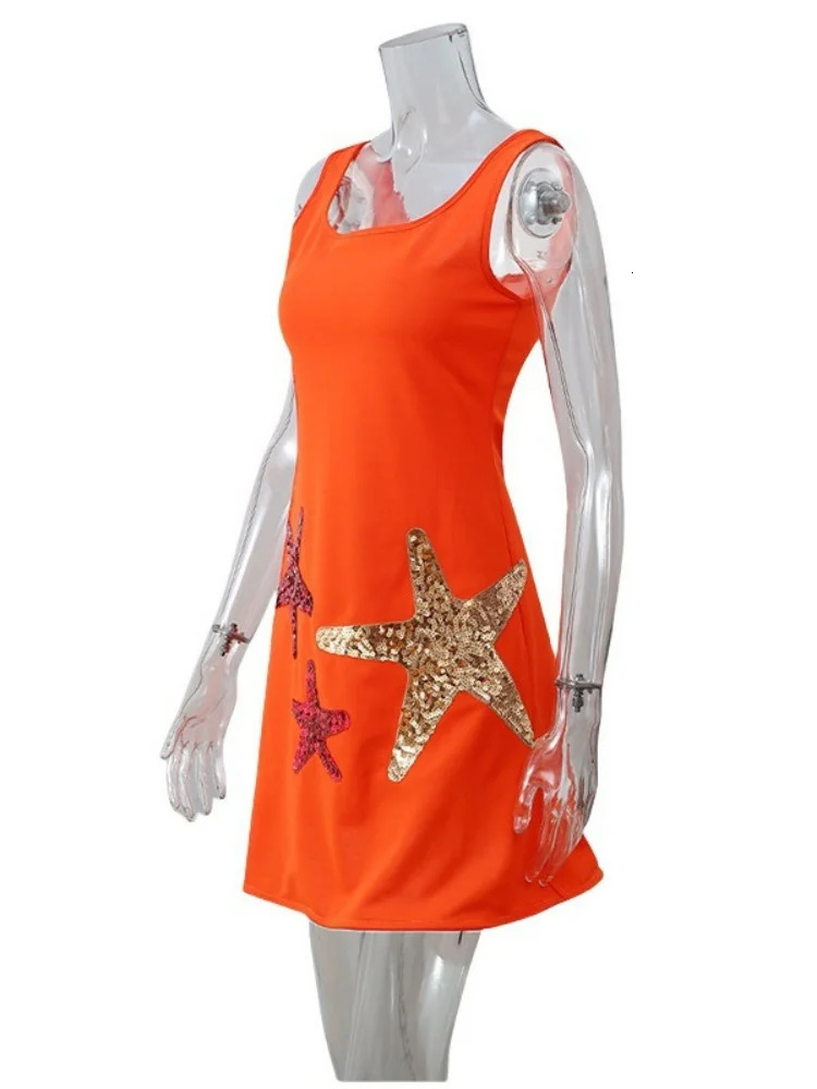 Summer Shiny Stars sequin decal mini dress for women sexy sleeveless beaded Selvedge ultrathin robe holiday party Vestidos 250320