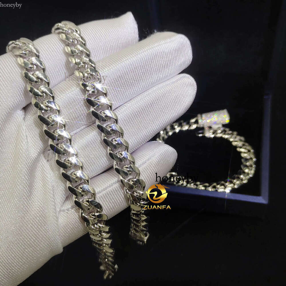 Zuanfa VVS Moissanite Dia Clasp 8mm Wide Solid Sier Cuban Chain White Gold Plated Mens Hip Hop Fashion Necklace Bracelet