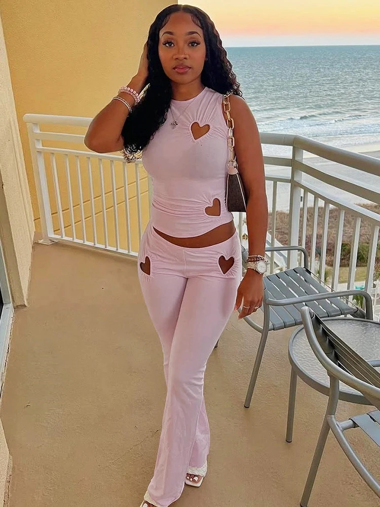 Weird Cat Heart shaped Hollow 2-piece Womens O-neck Sleeveless TopTight Elastic Pants Vacation Casual Simple and Elegant Solid Set 250317
