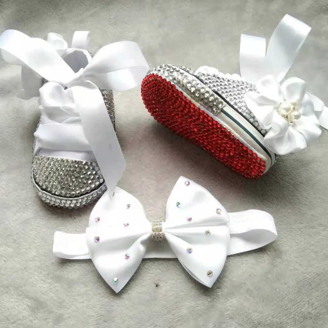 Dollbling Bling Rhinestones baby canvas white ribbon hair bow headband gift Keepsake birthday newborn baby crib shoes pearl X250322