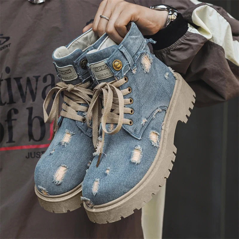 denim lace mens boots walking travel boots Japanese style apartment platform ankle boots mens shoes casual dress 250318