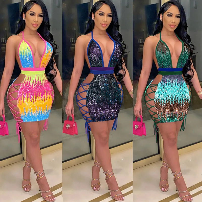 Sexy sequin birthday dress womens party night glitter body mini summer side lace hollow backless nightclub 250320