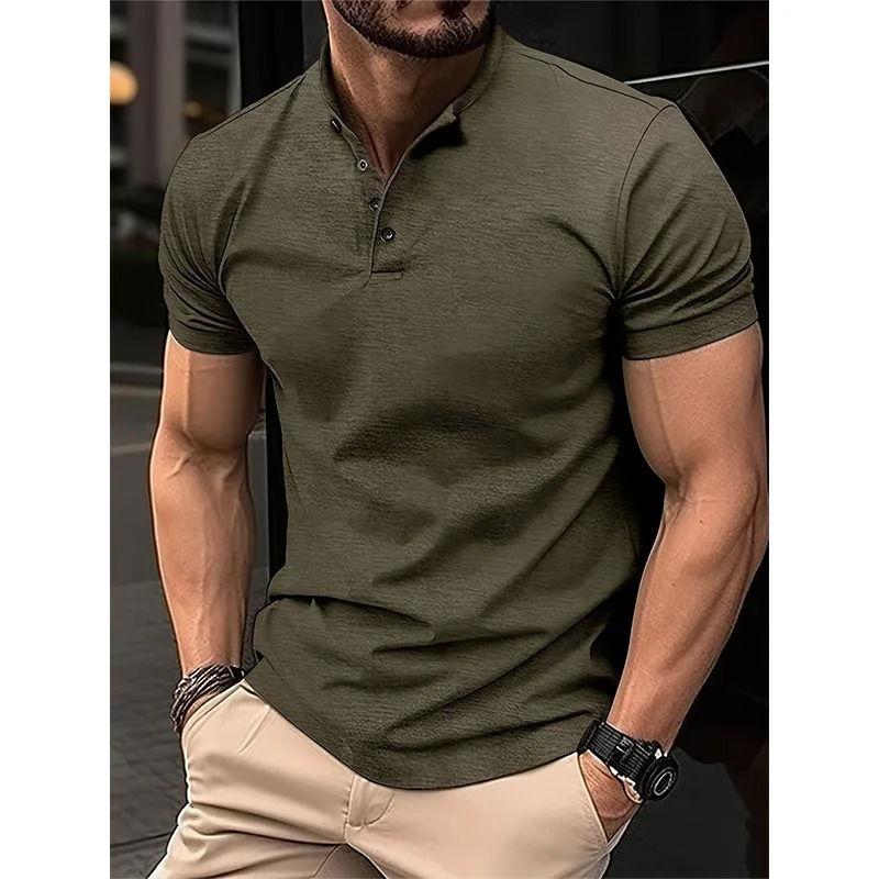 Trend Fashion Men Clothing Polo Shirts Summer Stand Collar Solid Button Smart Casual All-match Short Sleeve Slim T-shirt Top 250321