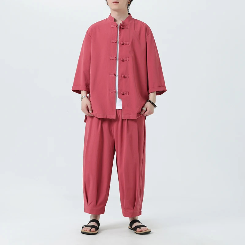 Summer cotton linen shirt set for mens casual outdoor 2-piece set and family clothing with pants 2-piece beach short sleeved set 250318