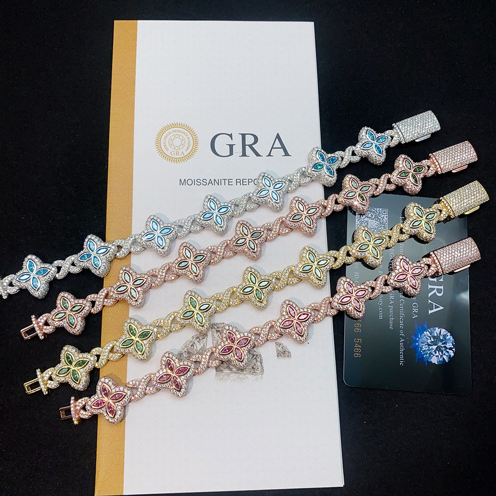 Factory wholesale new arrivals Hot selling S925 silver full set moissanite clover Cuban chain hip-hop bracelet Morganite VVS luxury men's necklac