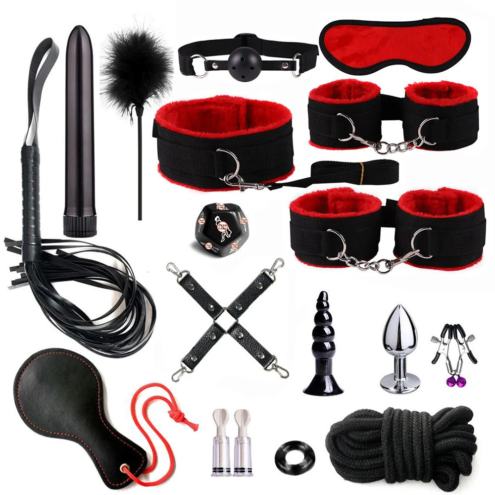 BDSM Sex Kits Adults Sex Toys For Women Men Handcuffs Nipple Clamps Whip Spanking Sex Metal Anal Plug Vibrator Butt Bdsm Bondage 250322