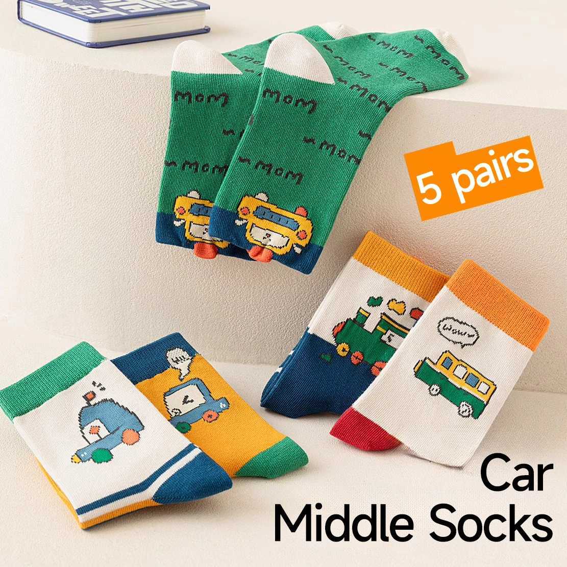 5Pairs 1-16Years Children Socks Childhood Fun Car Bright Color Soft Elasticity Abrasion Resistance Leisure Middle Sports Socks X2503221