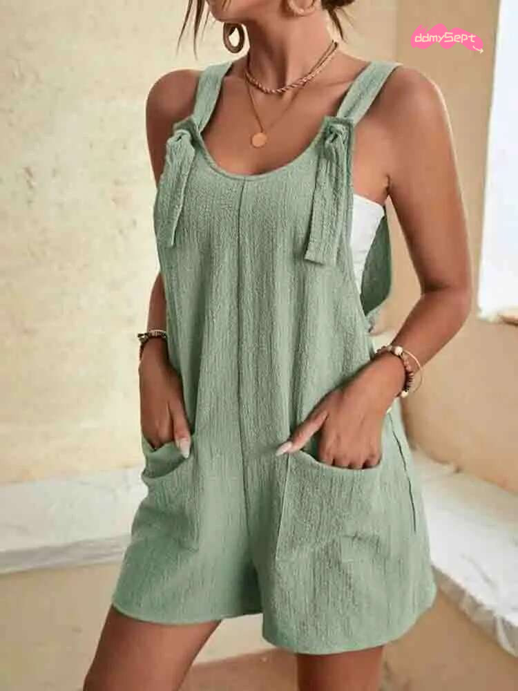 Women's Casual Summer Short Rompers Overalls 2024 Loose Sleeveless Tie Knot Strap Jumpsuits with Pockets ddmySept