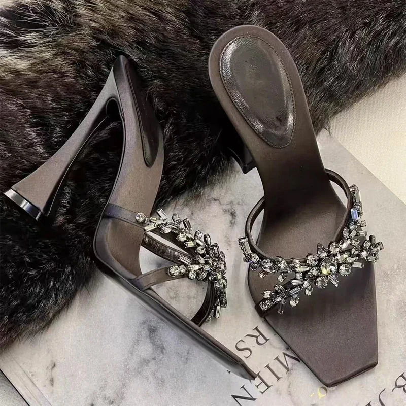 Rhinestone Silk High Heels Women Sexy Open Toe Slide Sandals Elegant High Heeled Slippers Banquet Dress Shoes 250321