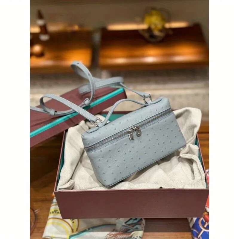 The Ostrich Print Small Square Fashion Simple Single Shoulder Crossbody Head Layer Cowhide Handbag Women's Makeup Bag