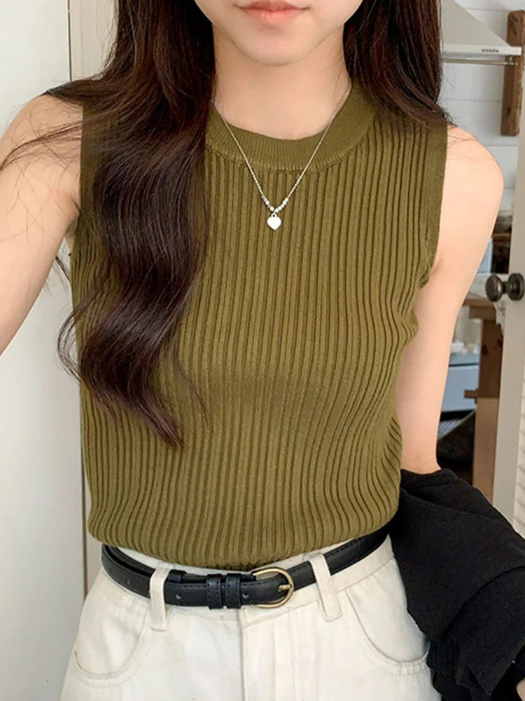 AOSSVIAO 2025 Korea Knitted Vests Women Top O-neck Solid Tank Blusas Y2K Summer Fashion Female Sleeveless Casual Thin Tops 250322