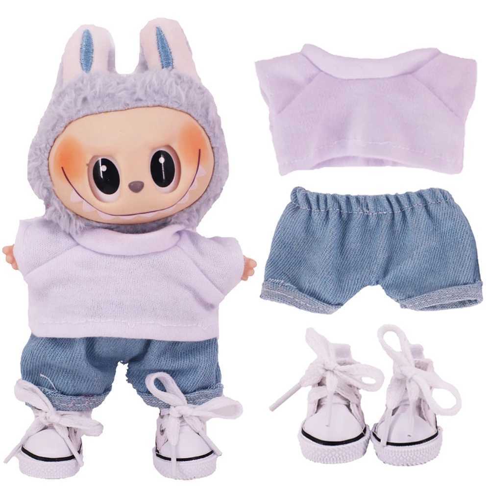 17cm Labubu T-shirt+jeans+canvas shoes=3-piece set mini plush doll clothing accessories girls toys Z250322