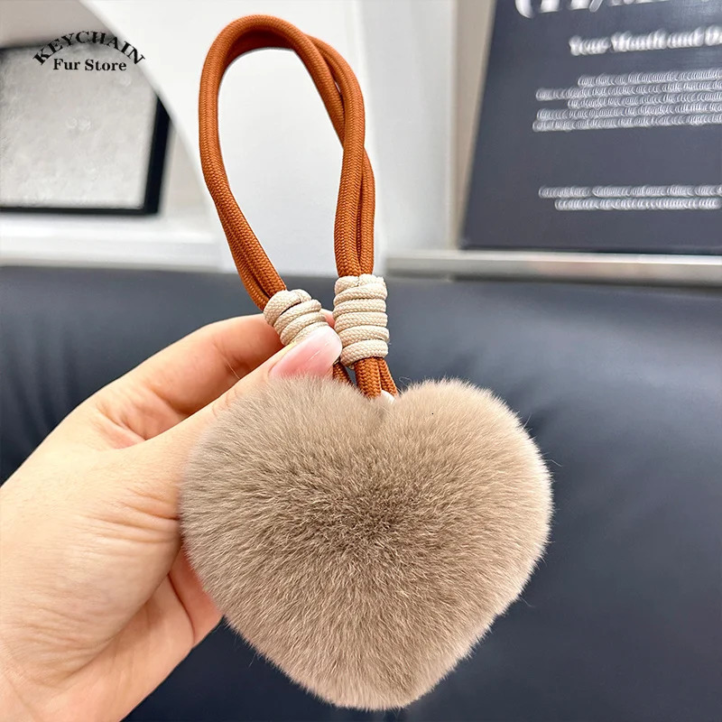 Natural Fur Heart Ball Charm Keychain Women Girl Creative Soft Bag Pendant Cute Plush Toys Keychain Valentines Day Gifts 250319