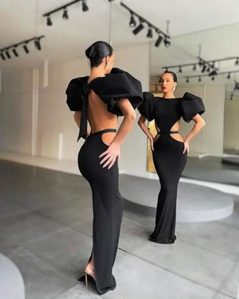 open back bow tie sexy long skirt bubble sleeve banquet evening dress hip slim 250320