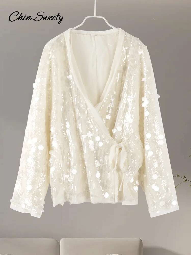 hoodie Elegant Lace Up Sequins Coat Women Shining V Neck Long Sleeves Loose Jacket 2025 Spring Summer Lady High Street Cardigan Tops jacket