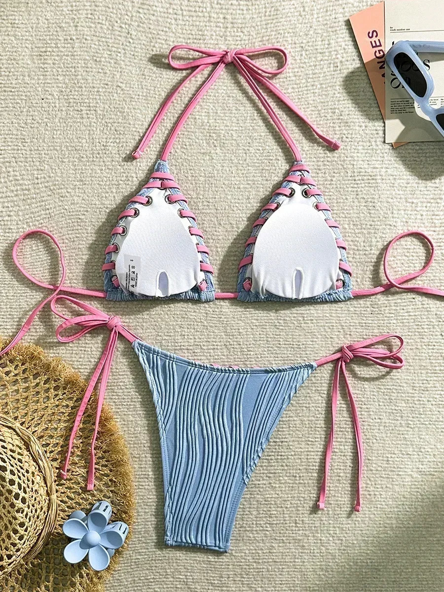 2025 Halter Wrinkled Weave Bikini Women Swimwear Female Swimsuit Two Pieces Bikini Set Brazilian Bathing Suit Swim Beach Wear 250317