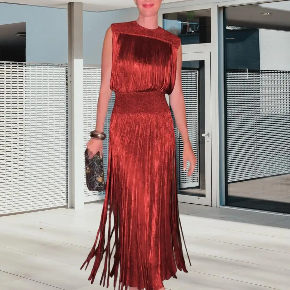 Womens round neck dress sexy Bodycon Maxi Prom with tassel details evening party womens wear 250320