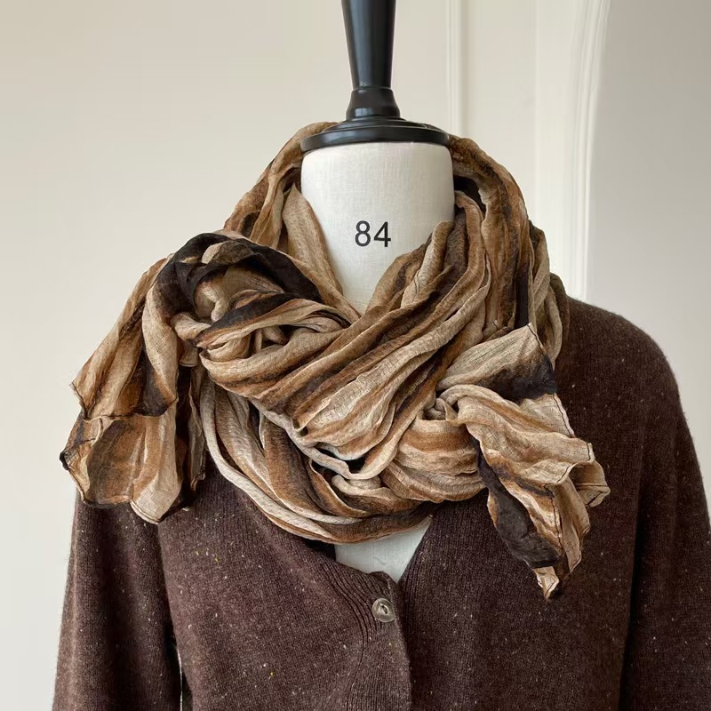 T333 pleated striped cotton scarf shawl women's spring and autumn gray all-match long scarf men and women neutral