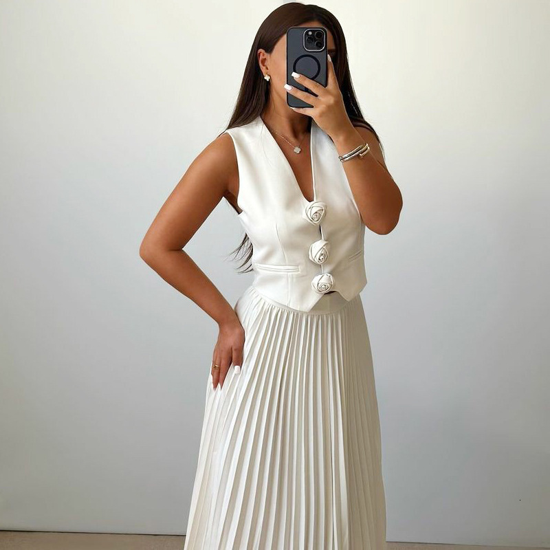 Summer Elegant Women Two Piece Skirt Set Sexy Y2K Sleeveless Floral Vest Top Shirt High Waist Pleated Maxi Skirt Suit Outfits 230606