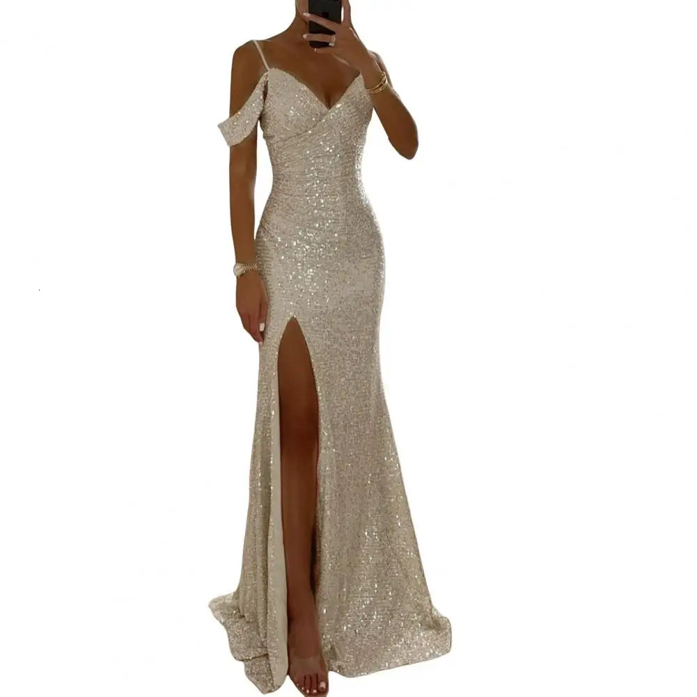 Womens sequin pendant dress long elegant ball used for and wedding parties shoulder Vneck banquets 250320