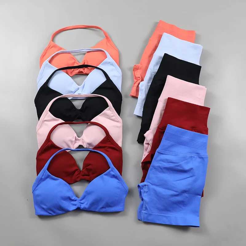 Ruched Seams Yoga Set Womens Sports Shirt Impact Gym Shorts Strappy Sports Bra 2-piece Set Strappy Sportswear W250321