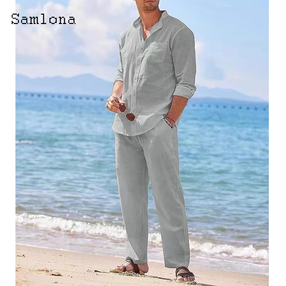 Mens casual linen two-piece set European style retro basic top and solid pants set 250318