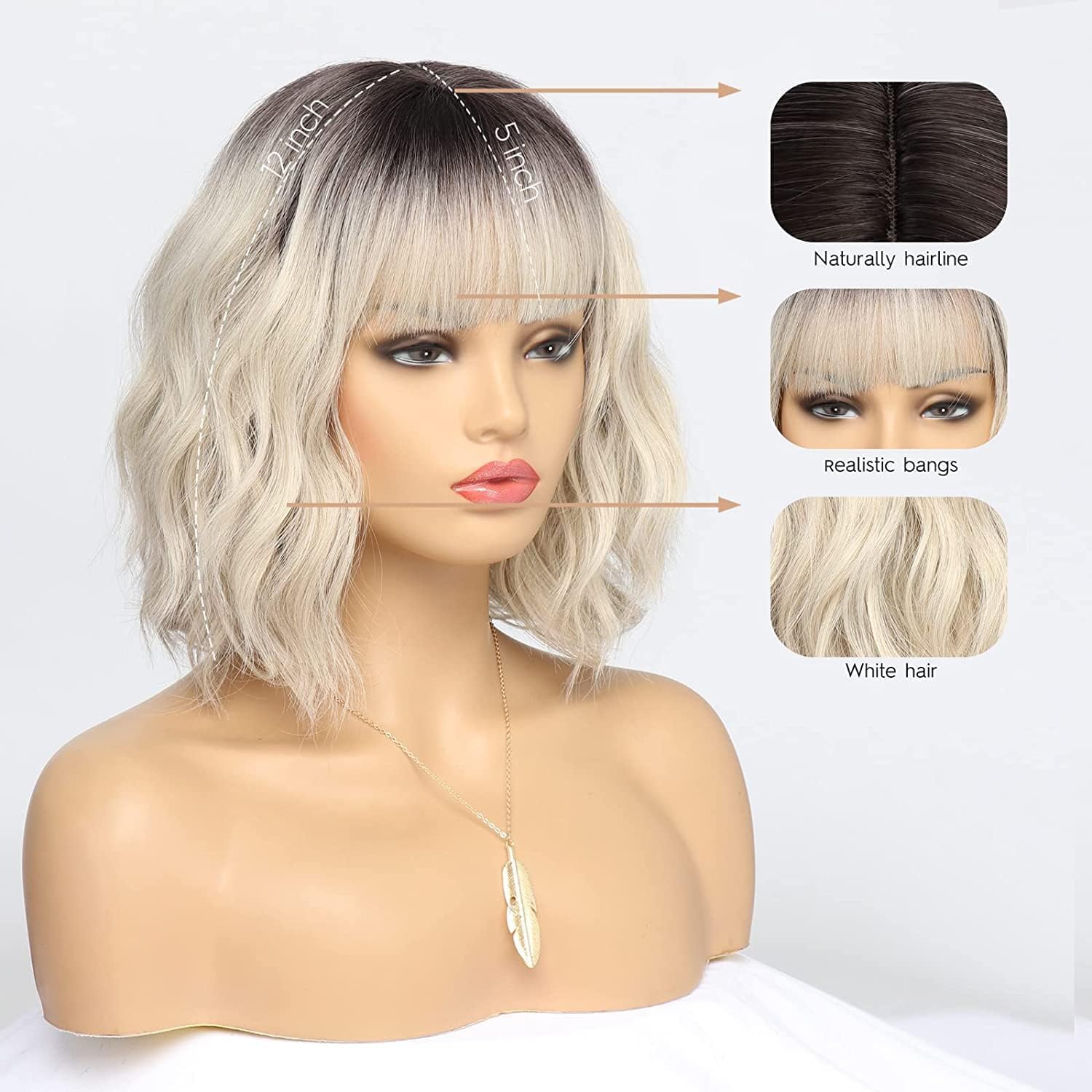Short Blonde Bob Wigs for Women Wavy Ombre Grey Blonde Wig with Bangs Ash Blond Wig Synthetic Hair Water Wave Medium Length Colorful Wigs