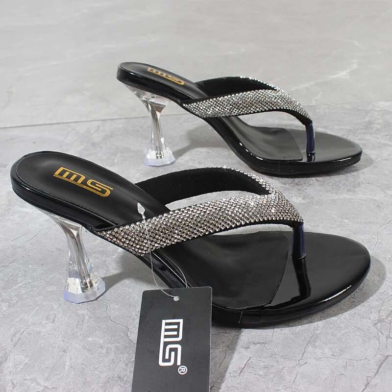 Women's Modern Slippers Summer New Patent Leather Crystal Clip Toe High Shoes Fine Heel Yellow Outside Fashion Women Slides
