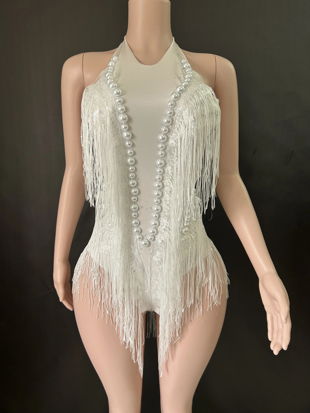 Sparkly Rhinestones sequined fringe tight jumpsuit womens nightclub set singer dancer costume stage wear sexy performance suit 7G 250320