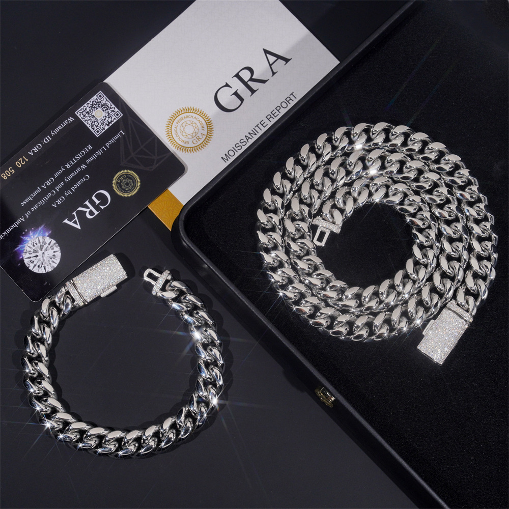 Hot selling 12mm stainless steel jewelry vvs mens hip-hop versatile Cuban necklace bracelet with Mozambique buckle