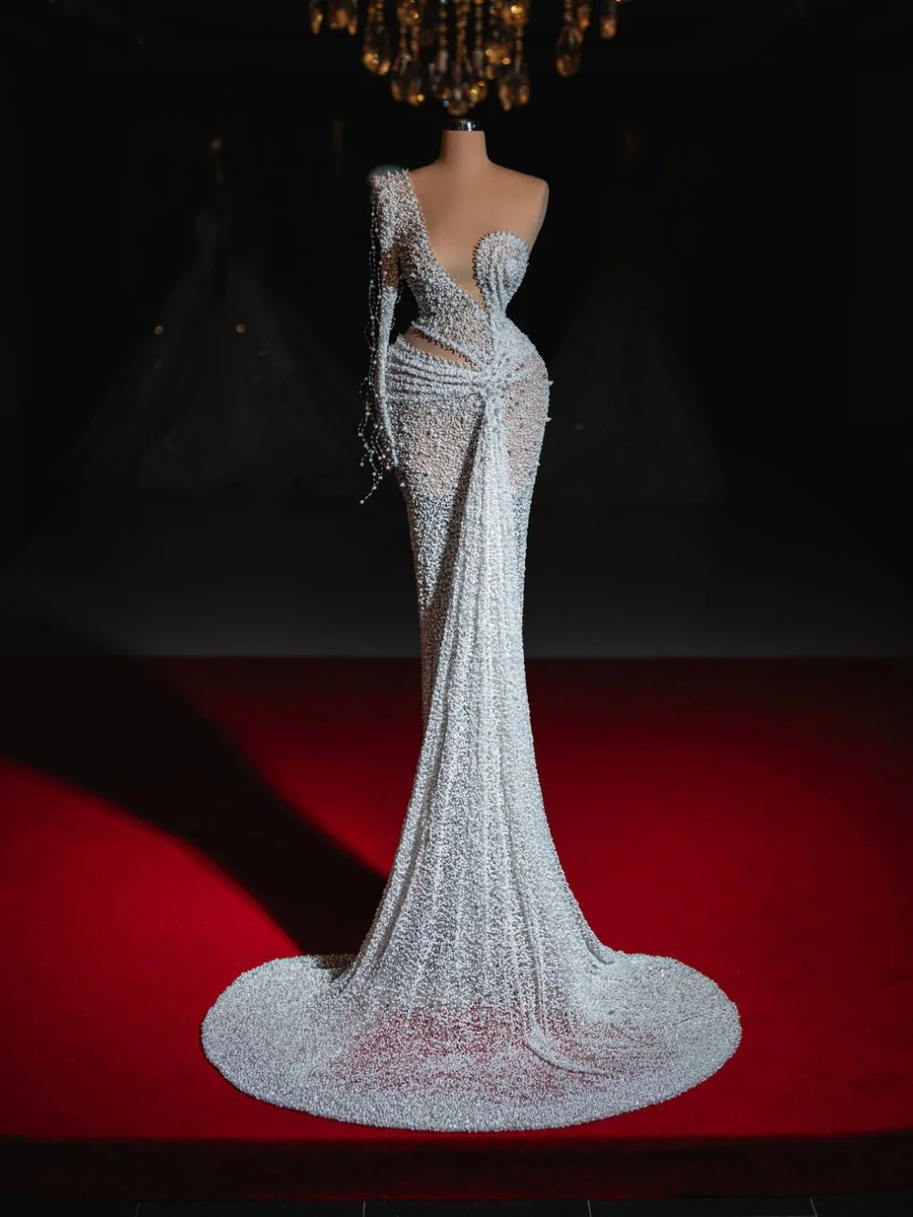 Sexy Evening Dresses Sheer Neck One Shoulder Gown See Through Pearls Sequins Beaded Sweep Train Party Customized Dress