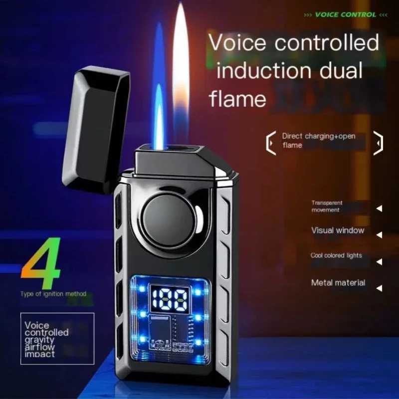 Creative Voice Controlled Ignition Gas Lighter Color Light Battery Display Open Fire Switching Jet Fire USB Electric LightersC250322