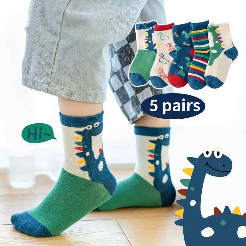 5 pairs of casual dinosaur pattern printed knitted socks for boys breathable and comfortable crew socks suitable for childrens accessories in summer a