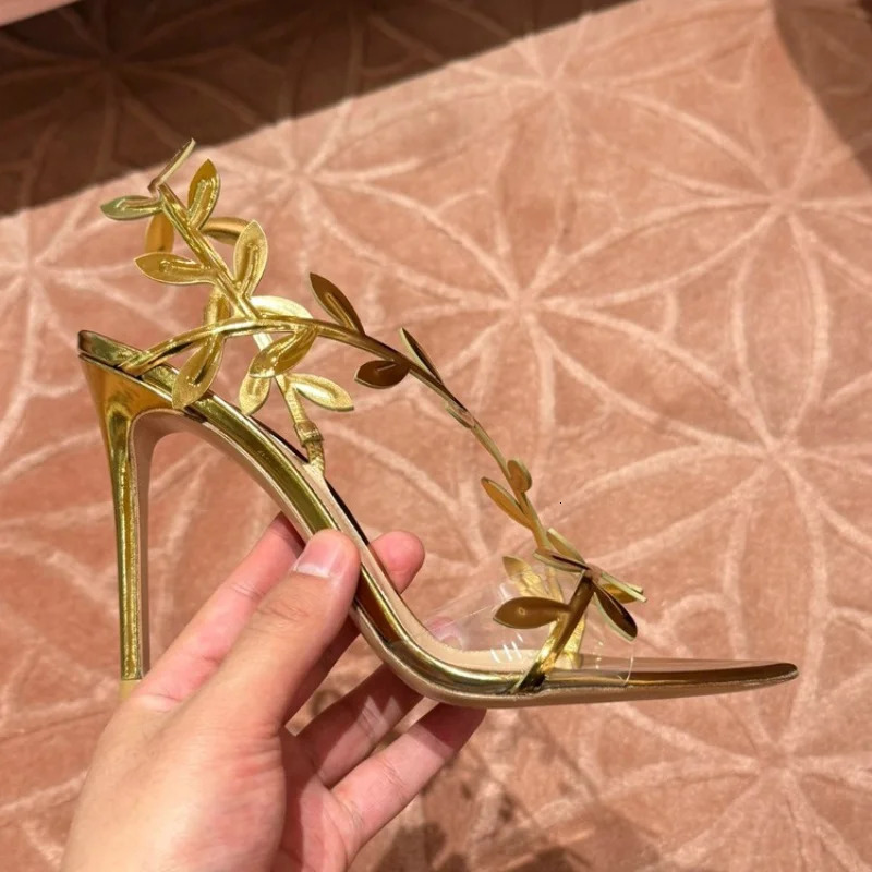 Summer Pointy Gold High Heels Womens Stiletto Leaves Elegant Fairy Sexy Banquet Transparent Sandals 250322