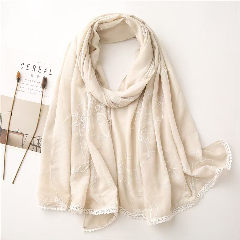 T332 embroidered lace cotton and linen scarf solid color silk scarf embroidered versatile shawl female long autumn and winter warm thin gauze scarf