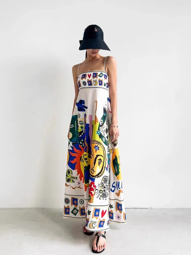 Retro Graffiti Printed Suspender Dress WomenS Summer Sense Of National Wind Tube Top Dress 250322