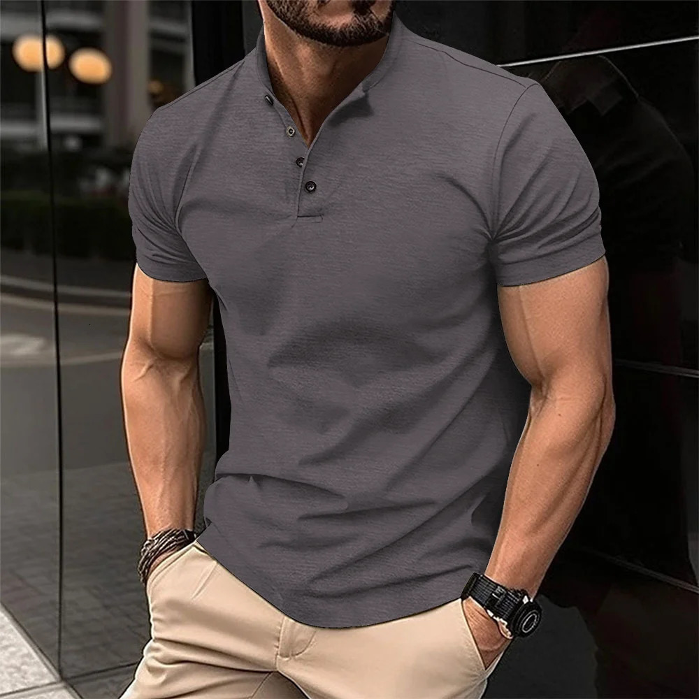 Trend Fashion Men Clothing Polo Shirts Summer Stand Collar Solid Button Smart Casual All-match Short Sleeve Slim T-shirt Top 250321
